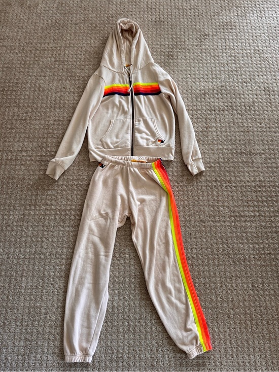 Aviator Nation Other - Aviator Nation 5-Stripe Hoodie & Sweatpant Set - Oatmeal / Neon Rainbow - Size S